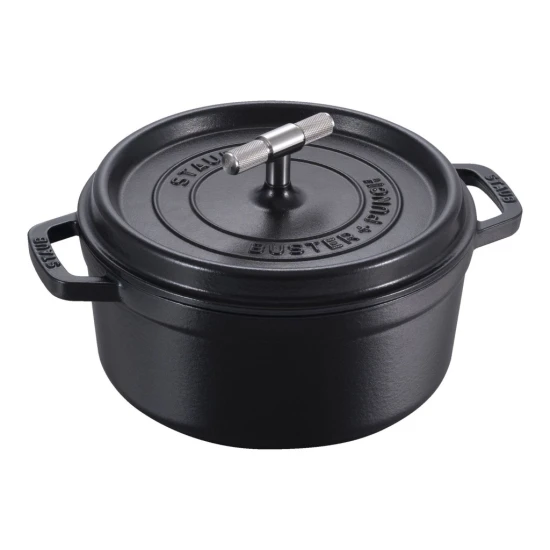Staub La Cocotte | Cocotte öntöttvas főzőedény T alakú fogantyúval 24 cm | fekete | kerek | öntöttvas