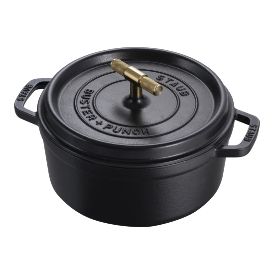 Staub La Cocotte | Cocotte öntöttvas főzőedény T alakú fogantyúval 24 cm | fekete | kerek | öntöttvas