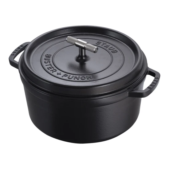 Staub La Cocotte | Cocotte öntöttvas főzőedény T alakú fogantyúval 28 cm | fekete | kerek | öntöttvas