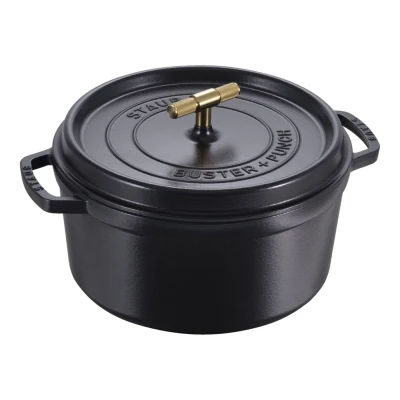Staub La Cocotte | Cocotte öntöttvas főzőedény T alakú fogantyúval 28 cm | fekete | kerek | öntöttvas
