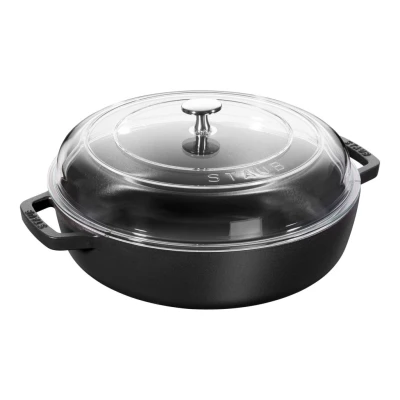Staub Braisers | mély serpenyő üvegfedővel 28 cm | kerek | öntöttvas | fekete