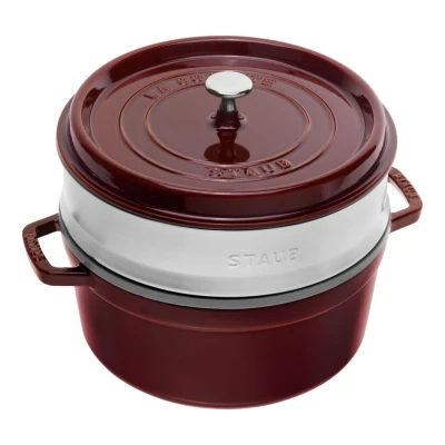 Staub La Cocotte | Cocotte öntöttvas főzőedény párolóbetéttel 26 cm | gránátvörös | kerek | öntöttvas