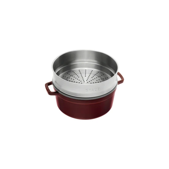 Staub La Cocotte | Cocotte öntöttvas főzőedény párolóbetéttel 26 cm | gránátvörös | kerek | öntöttvas