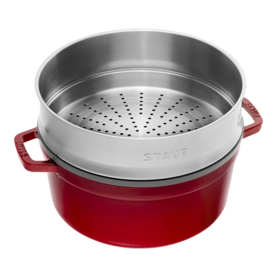 Staub La Cocotte | Cocotte öntöttvas főzőedény párolóbetéttel 26 cm | cherry | kerek | öntöttvas