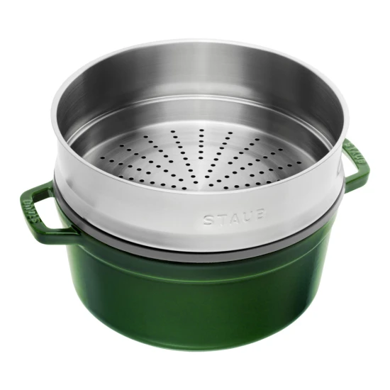 Staub La Cocotte | Cocotte öntöttvas főzőedény párolóbetéttel 26 cm | bazsalikomzöld | kerek | öntöttvas