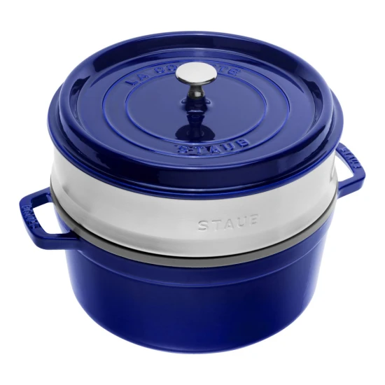 Staub La Cocotte | Cocotte öntöttvas főzőedény párolóbetéttel 26 cm | sötétkék | kerek | öntöttvas