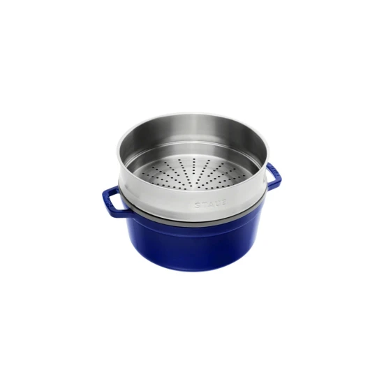 Staub La Cocotte | Cocotte öntöttvas főzőedény párolóbetéttel 26 cm | sötétkék | kerek | öntöttvas