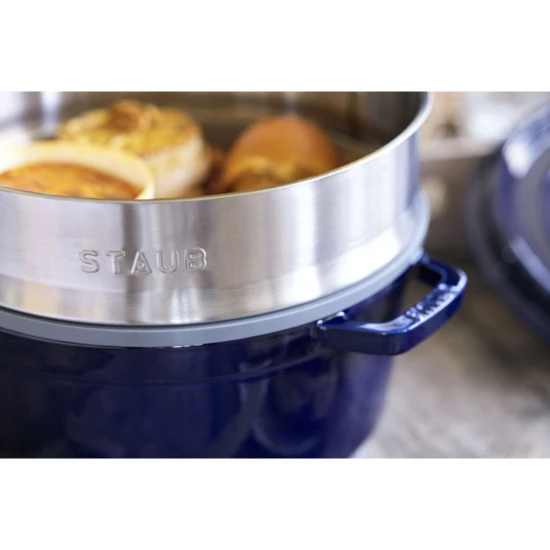 Staub La Cocotte | Cocotte öntöttvas főzőedény párolóbetéttel 26 cm | sötétkék | kerek | öntöttvas