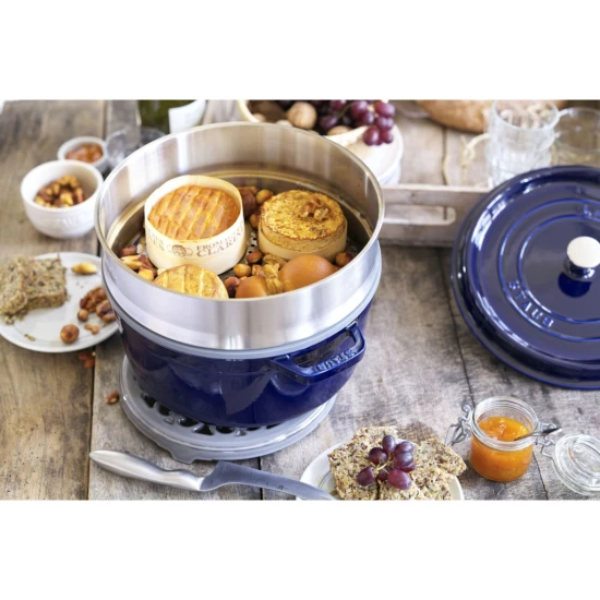 Staub La Cocotte | Cocotte öntöttvas főzőedény párolóbetéttel 26 cm | sötétkék | kerek | öntöttvas