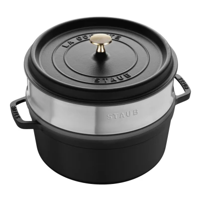 Staub La Cocotte | Cocotte öntöttvas főzőedény párolóbetéttel 26 cm | fekete | kerek | öntöttvas