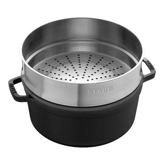 Staub La Cocotte | Cocotte öntöttvas főzőedény párolóbetéttel 26 cm | fekete | kerek | öntöttvas