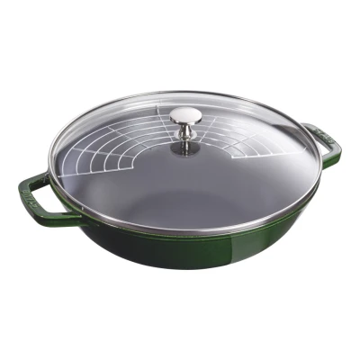 Staub Specialties | Wok üvegfedővel 30 cm | kerek | öntöttvas | bazsalikomzöld